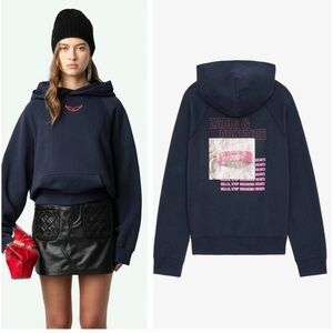 Zadig&Voltaire Georgy Rhinestone Embellished Print Hoodie Sweatshirt Navy Blue S